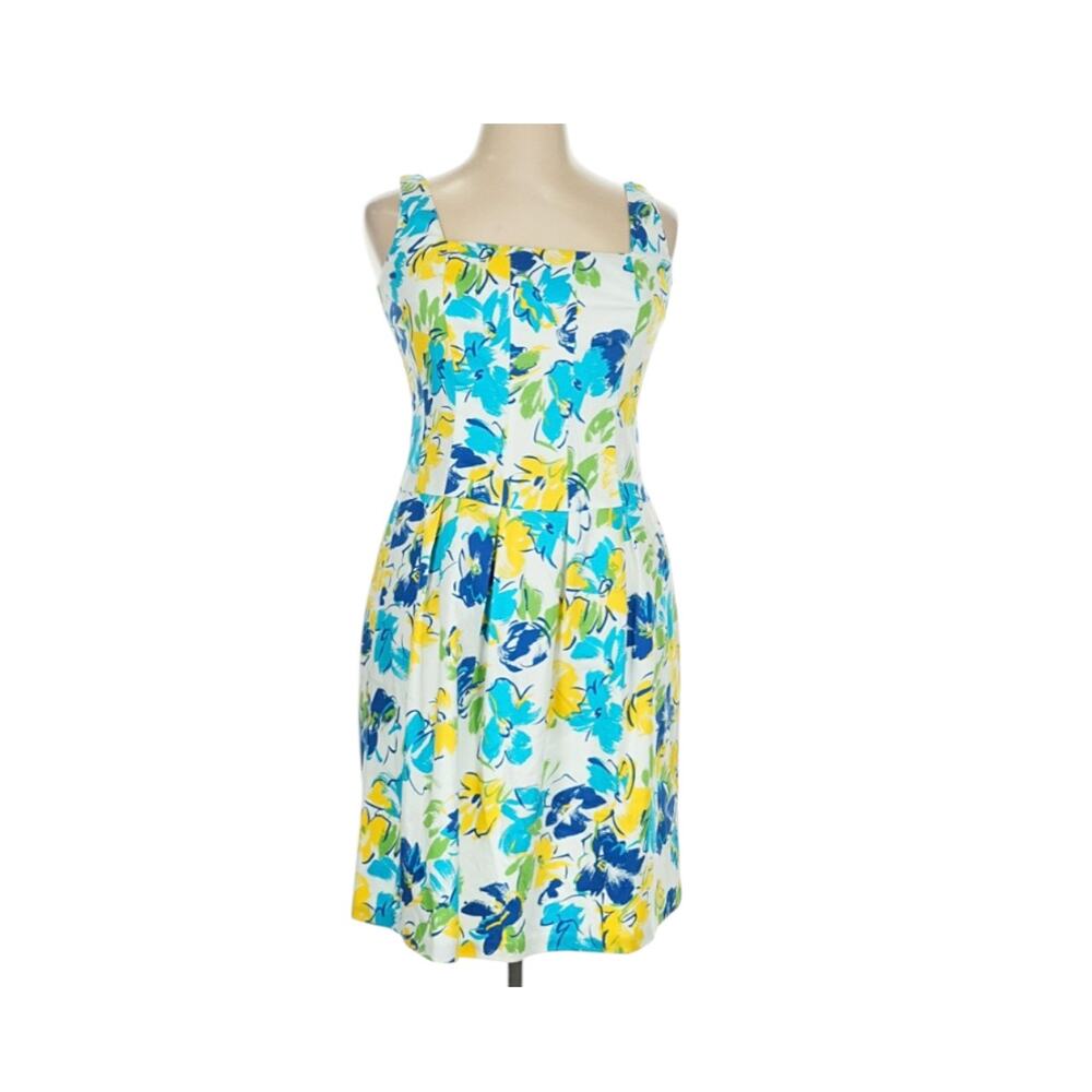 Chaps 14 Dress Midi Sleeveless Fit and Flare White Blue Yellow NWOT